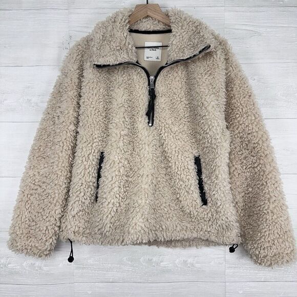 Abercrombie & Fitch Sherpa Sweater Women M Beige Half Zip Fleece Cozy Cinched - Picture 1 of 14